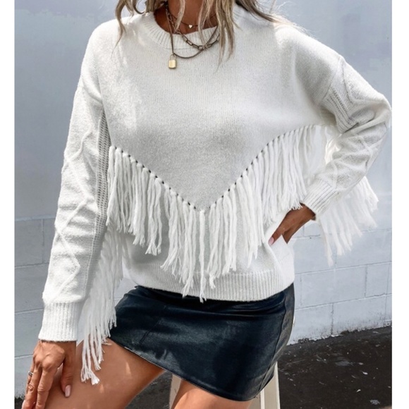 Sweaters - SOLD OUT White Fringe Knit Long Sleeve Drop Shoulder Casual Pullover Sweater